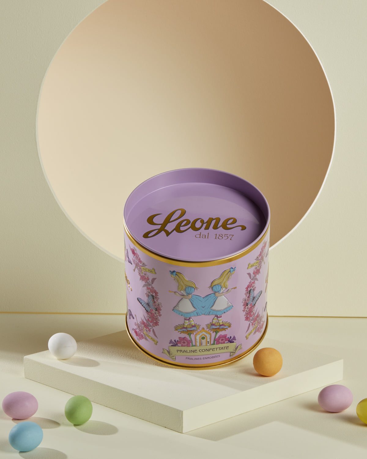 Latta Tamburello "Alice" con praline confettate