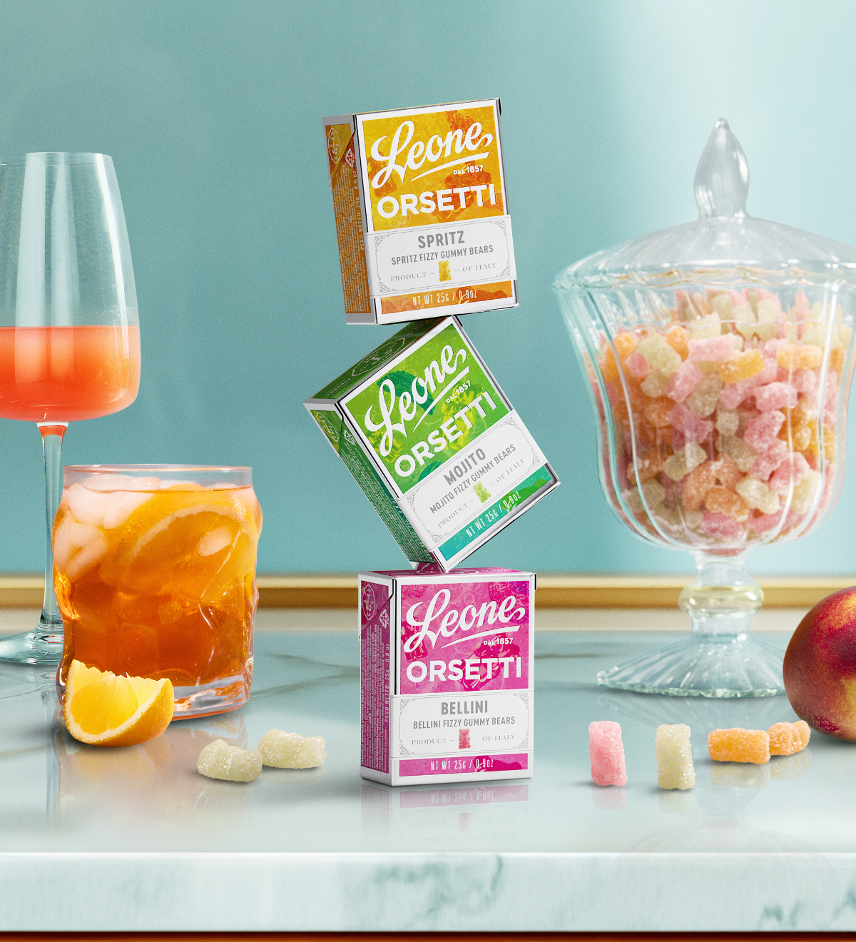 Tris scatolette orsetti gommosi gusto cocktail (Spritz, Bellini, Mojito) da 25g